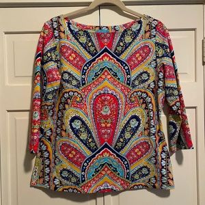 J. McLaughlin Wavesong print 3/4 sleeve  top 3 gold enamel button detail
